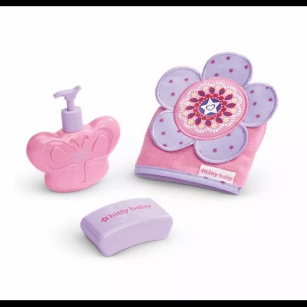 Bitty Baby American Girl Bath Time Pretend 3 Pc Set~Soap~Pink Purple Bath Mitt~